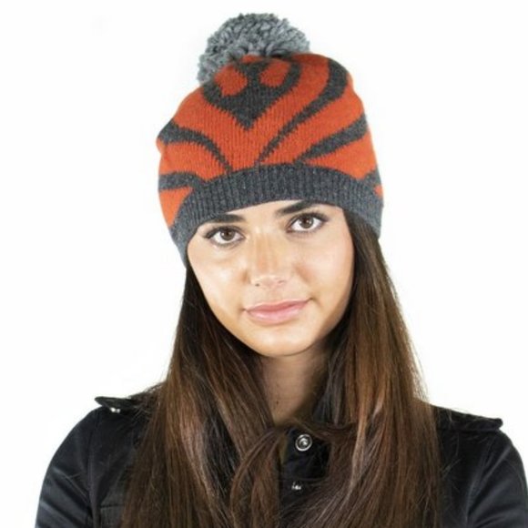 Portolano Cashmere Zebra Slouchy Hat With Pom Pom- Dark Grey, Orange - Picture 1 of 4